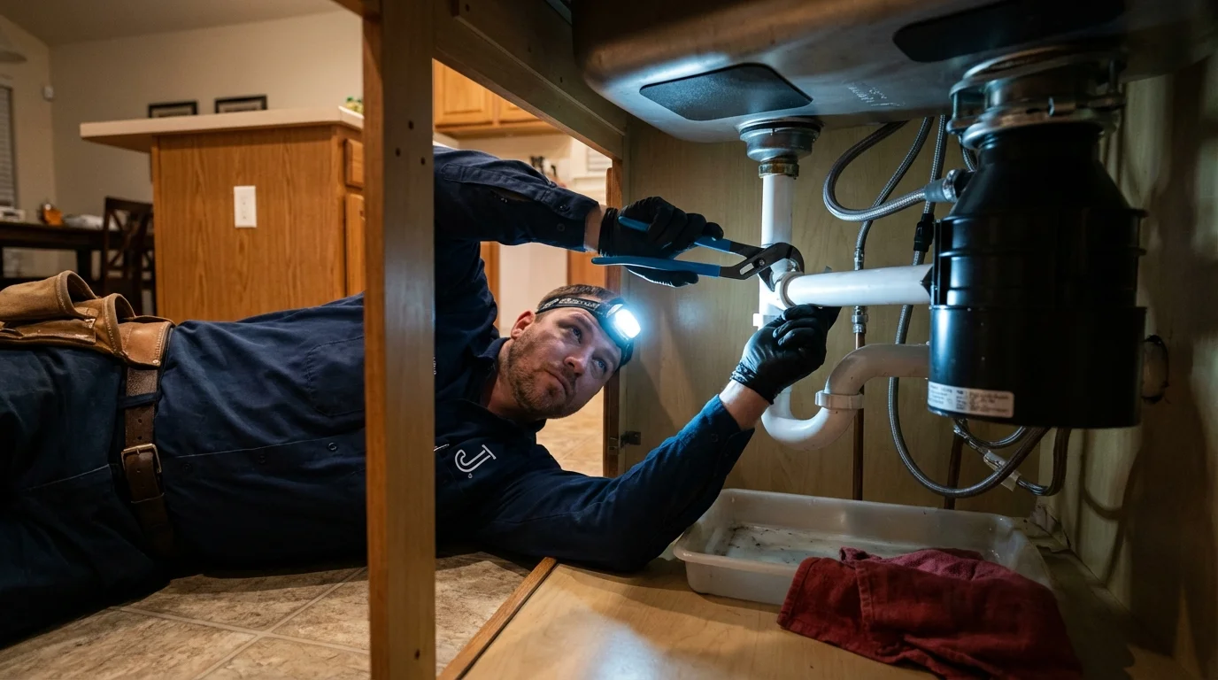 P-trap and supply line connections under a kitchen sink showing a common leak point in Laurens, SC